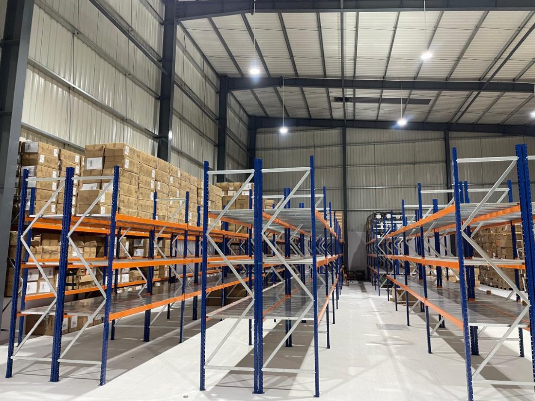 Wide view of warehouse racking aisles